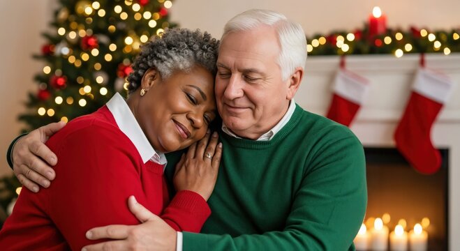 Happy senior multiethnic couple, a Black woman and a White man, embracing lovingly during Christmas holidays at home with festive decorations and a cozy fireplace.