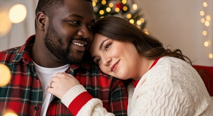 Happy diverse couple embracing lovingly during Christmas holidays, a Black man and a White woman enjoying a cozy festive moment indoors with bokeh lights.