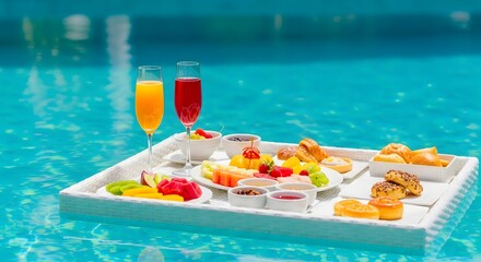 Exquisite floating breakfast tray in swimming pool with treats.