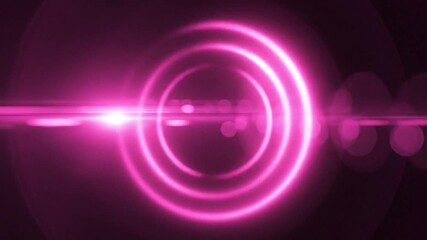 Neon pink circles rotate inside a lens flare overlay against black background pink - Powered by Adobe