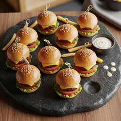 Delectable mini burgers arranged artistically on a dark stone platter with french fries around
