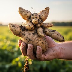 Freshly harvested potatoes with unique formations from an organic farm at sunset time