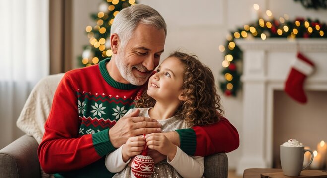 Happy senior grandfather and his cute granddaughter sharing a loving moment at home during Christmas holidays, surrounded by festive decorations and warm lights - Powered by Adobe