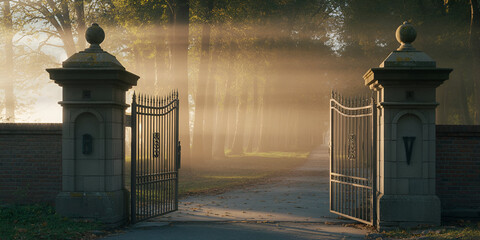 Grand ornate open gate leading to a tranquil misty forest path