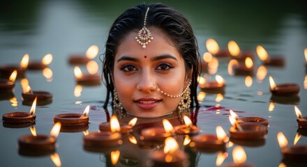 Elegant woman adorned with traditional jewelry amidst floating diyas reflecting cultural reverence