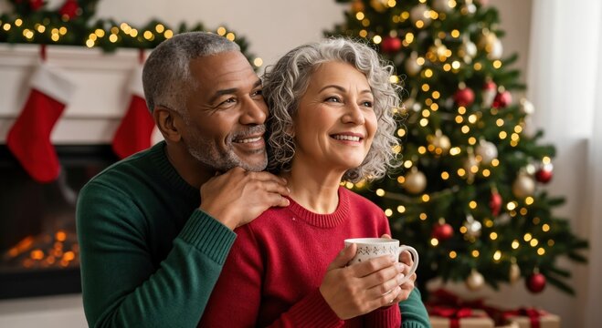 Happy senior multiethnic couple embracing during Christmas holidays at home, smiling and looking away in a cozy living room with a decorated tree and fireplace.