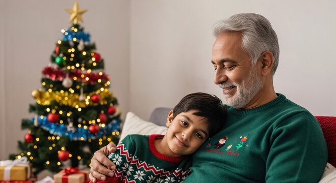 Happy South Asian grandfather and grandson in festive Christmas sweaters embracing on a couch with a decorated tree and gifts in the background, celebrating holidays together.