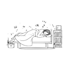 Handdrawn illustration of a person sleeping in bed, surrounded by books and floating elements, isolated on