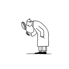Minimalist line art of a scientist or detective with a magnifying glass, investigating, isolated on