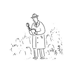 Line drawing of a man in a trench coat and hat holding a magnifying glass and clipboard, investigating, isolated on