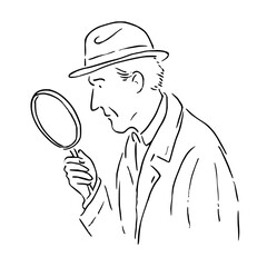 Line drawing of a man in a fedora hat holding a magnifying glass, representing investigation, isolated on