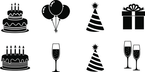 Birthday party icon set, black silhouette vector collection including cake, balloons, gift, hat, and champagne glasses for celebration events