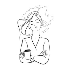 Elegant line art of a woman with closed eyes holding a coffee cup, arms crossed, isolated on