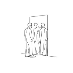 Three men in suits standing in front of a mirror, with one mans reflection visible, isolated on