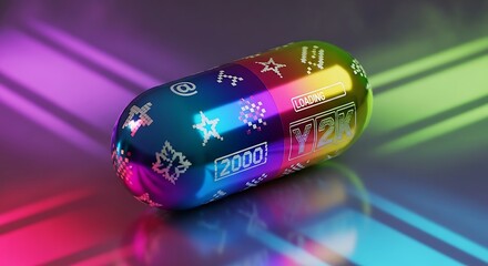 Futuristic pill with glowing neon patterns on a reflective surface for medical concepts