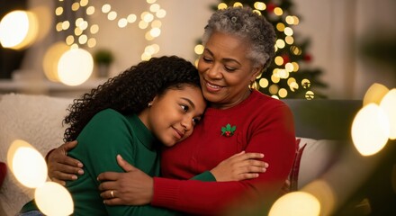Loving African American grandmother and granddaughter sharing a warm hug at home during the festive Christmas season with blurred lights