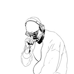 Line art illustration of a person with headphones and glasses, holding an object to their mouth, isolated on