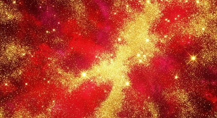 Celestial Symphony: An ethereal dance of golden stardust against a ruby cosmic canvas