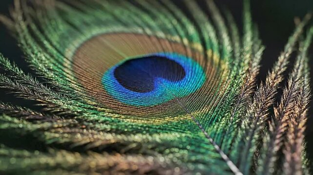 Detailed close up of a beautiful iridescent peacock feather eye spot
