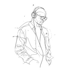 A minimalist line art drawing of a man with headphones and glasses, listening to music, isolated on
