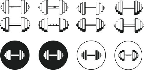 Dumbbell icon set, fitness symbol collection, gym equipment graphics, workout vector pack, black and white weights, exercise illustrations, training design