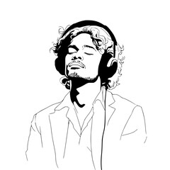 Man with curly hair listening to music with headphones, eyes closed, feeling peaceful, isolated on