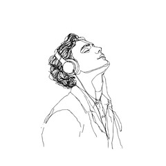 Minimalist line art illustration of a person wearing headphones, listening to music with eyes closed, isolated on