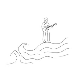 A minimalist line art drawing of a man standing on ocean waves and playing an acoustic guitar, isolated on