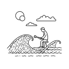 Minimalist line art of a person playing guitar on a stool in ocean waves under a cloudy sky, simple illustration