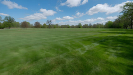 Vast green field illustration under a bright blue sky with fluffy white clouds and distant trees