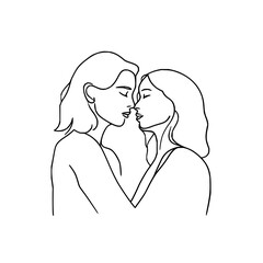 Minimalist line art illustration of two women with closed eyes, facing each other in a tender moment, isolated on