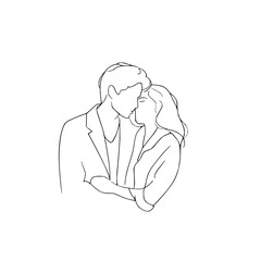 Minimalist line art illustration of a loving couple sharing a tender kiss, symbolizing romance, affection, and connection