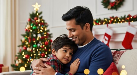 Affectionate Indian father hugging his little son on a cozy couch in a festive living room decorated for Christmas