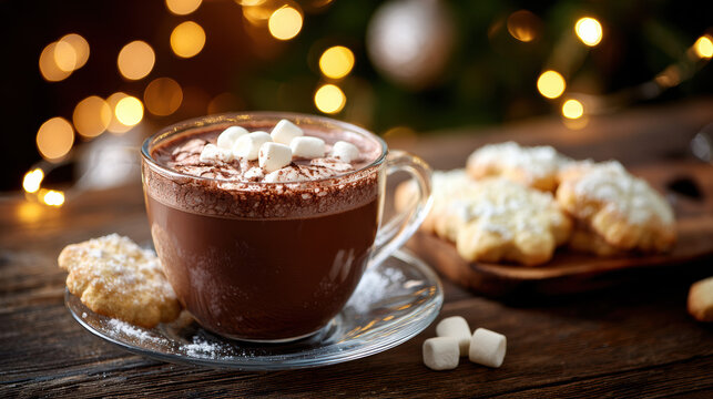 Warm Hot Chocolate with Marshmallows and Holiday Cookies