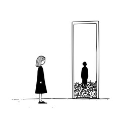 Minimalist drawing of a woman looking at a small person on blocks inside a tall door frame, isolated on