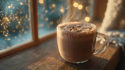 Warm hot cocoa and sparkling joy welcome the new year from a cozy window