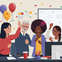 Diverse group of colleagues celebrating success in the office.