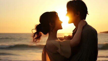 Romantic couple embracing at sunset beach  