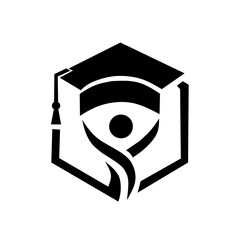 Black and white hexagon education logo with a graduate figure and cap. Represents protected, successful learning, academic excellence, knowledge, and educational institutions.