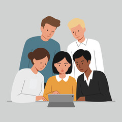 Diverse Group of Young Professionals Collaborating on a Digital Tablet.