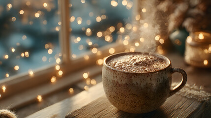 Warm hot cocoa and sparkling joy welcome the new year from a cozy window