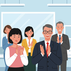 Team of Asian business professionals applauding with smiles.