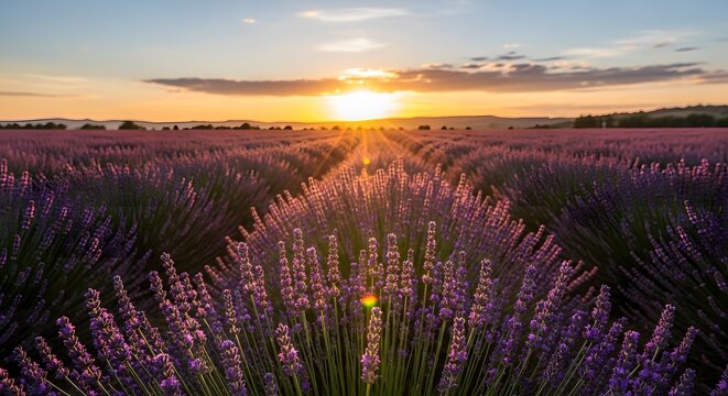 Lavender field at sunset with sunburst and beautiful sky