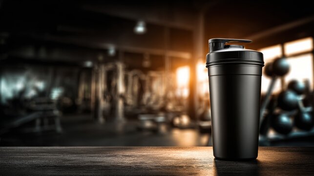 Gym Protein Powder Shaker Set on Dark Metal Table With Blurred Equipment Background and Dramatic Lighting