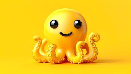 Adorable Yellow Cartoon Octopus Character with Big Eyes and Smiling Face on a Vibrant Yellow Background, Cute 3D Render, Generative AI