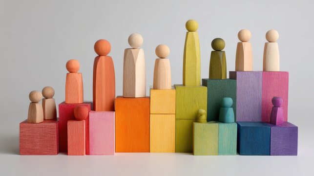 Colorful Wooden Figures on Blocks Representing Teamwork, Growth, and Progress in a Creative Setup