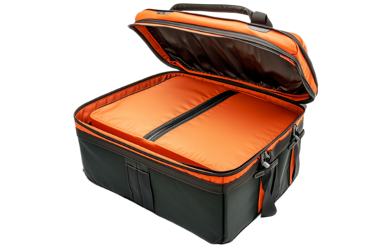 Open stylish modern carrier, showing bright orange interior, on transparent background