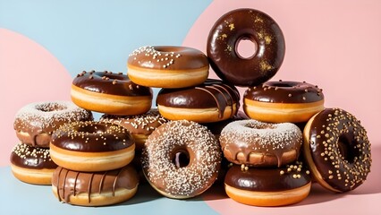 A vibrant and appetizing arrangement of assorted chocolate-glazed donuts stacked together against a pastel pink and blue background. The donuts feature various toppings such as sprinkles