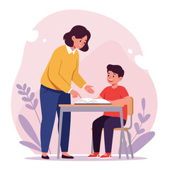 Caring female teacher helping a young male student with his studies.