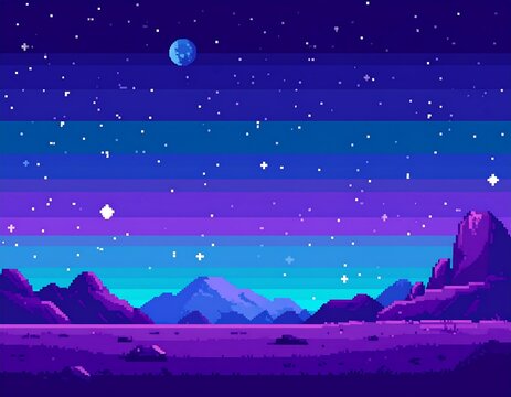 Pixelated night sky over a purple landscape with mountains and stars